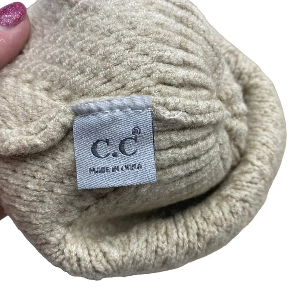 C.C‎ Kids Criss-Cross Faux Fur Pom Pom Beanie Girl Cream One Size Knit Cap Hat